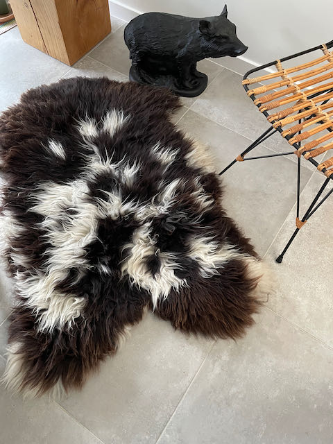 Donkerbruin/wit gevlekt Jacob schapenvacht XL